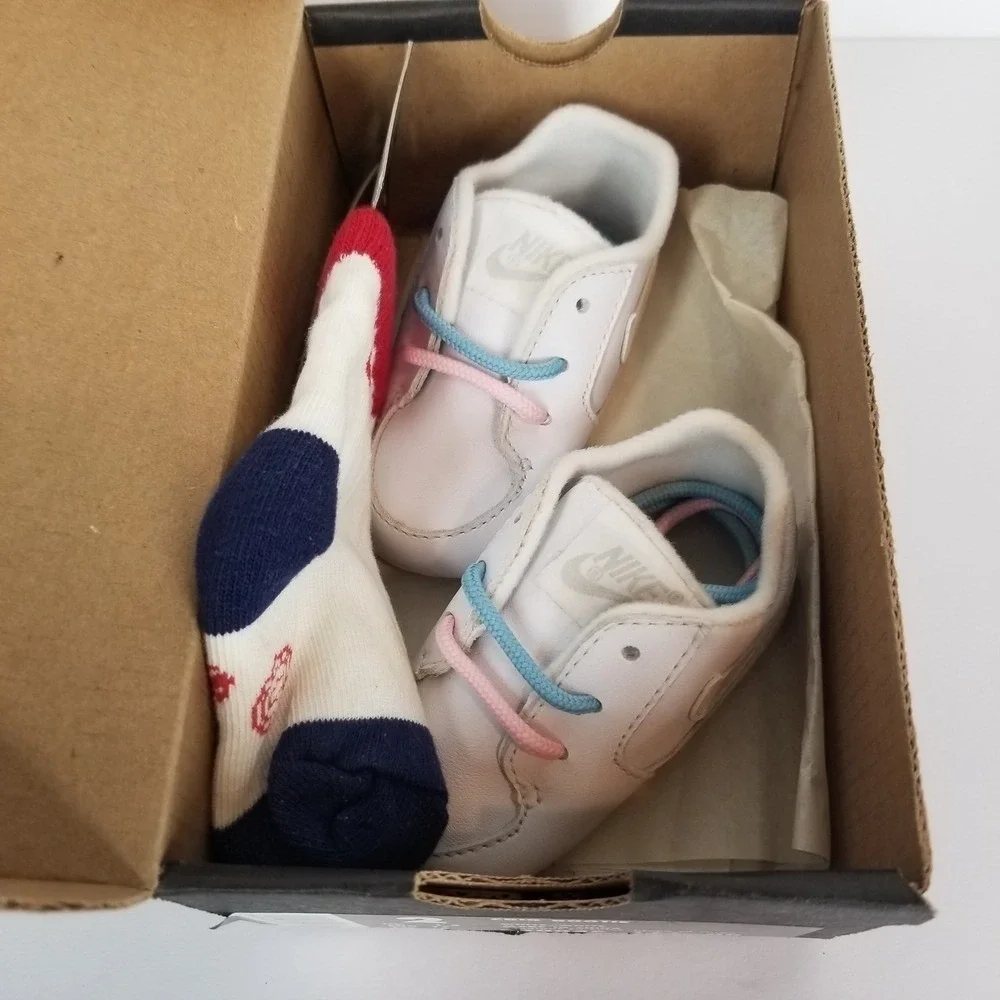 Nike Baby Crib Shoes White Leather Pink Blue Laces Infant Toddler‎ Vintage 90s